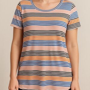 LuLaRoe Olive Top – Size M Orange Blue Black Stripes